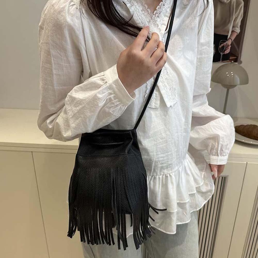 Mxmio Tassels Bucket Bag, Elegant Retro Drawstring PU Bag, Crossbody Bag Large Capacity Anti-splash Water Magnetic Button Texture กระเป๋าสะพายไหล่ผู้หญิง