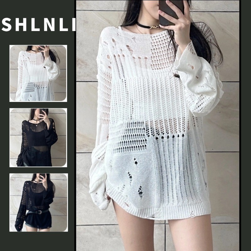 กลวงออกเสื้อถักหลวมฤดูใบไม้ผลิและฤดูร้อนผู้หญิงพรุนสีทึบเสื้อสเวตเตอร์ถักแขนยาว