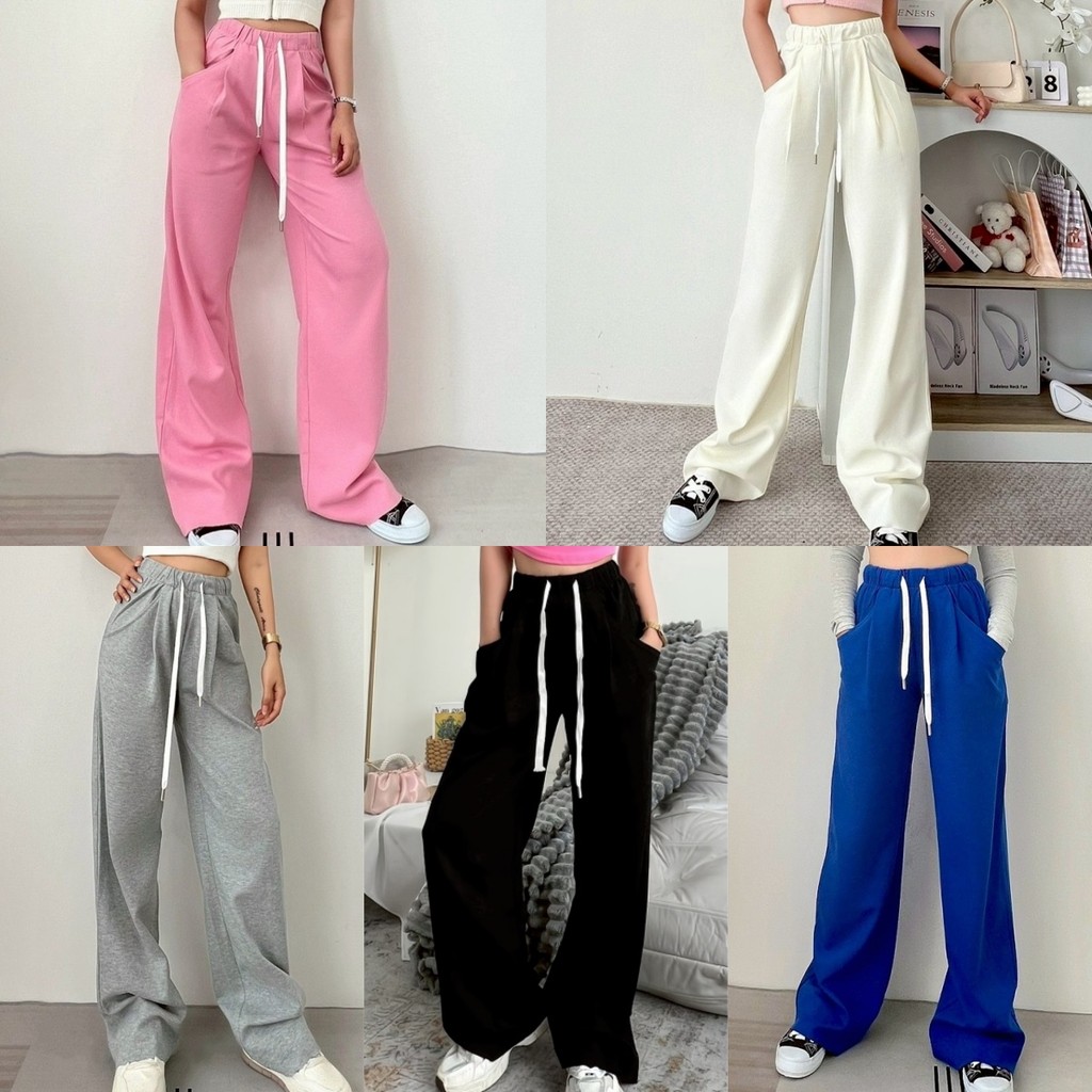 Suysuy พร้อมส่ง กางเกงขายาว เอวสม็อค ผ้าคอตตอน นุ่มนิ่ม แบบมีเชือกรูดเอว แต่งกระเป๋าหลัง ทรงสวย เข้ากับทุกการแต่งตัว