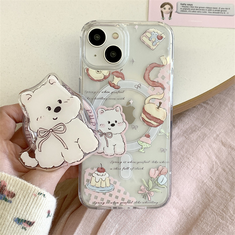 Huiwanju น่ารักสีแดง iPhone bow puppy สําหรับ 12iPhone13 อะคริลิคโปร่งใสโทรศัพท์มือถือกรณี iPhone15promax ใหม่วงเล็บแม่เหล็กชาร์จไร้สาย 14