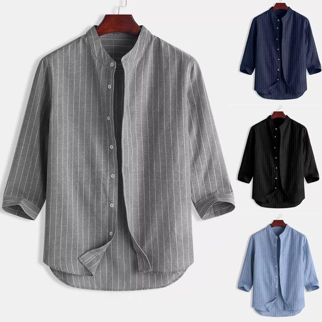 เอร์เชนชิ เสื้อเชิ้ตผ้าลินินผู้ชายสไตล์เกาหลีคอตั้งคาร์ดิแกนหลวมสบายๆเสื้อเชิ้ตผ้าลินินระบายอากาศ