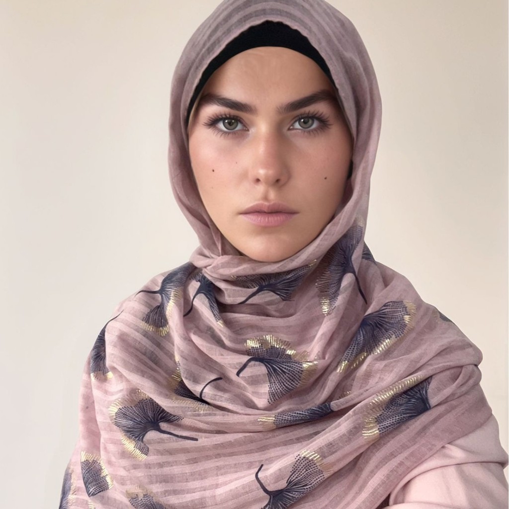 Jifang ปั๊มทอง Ginkgo Leaf พิมพ์ลายลายผ้าฝ้ายผ้าลินินผ้าคลุมไหล่ Pashmina ผ้าพันคอ Raya มุสลิม Hijab PW50
