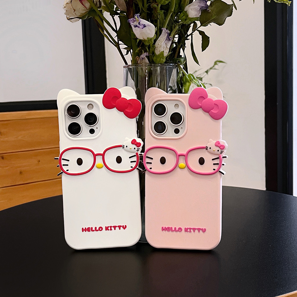 น่ารัก 3D การ์ตูนแว่นตา Hello Kitty นุ่มสําหรับ iPhone 11 12 13 Mini 14 15 16 17 Pro X XS Max 7 8 6 6S Plus XR 4S 5 5S ราคา ถูกที่สุด ดีลบีเคเค