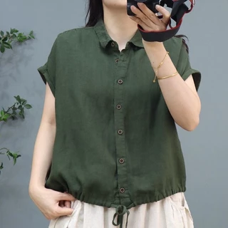 ผ้าฝ้ายและผ้าลินินผู้หญิงฤดูร้อนย้อนยุคลำลองเข้าชุดง่ายมีเชือกรูดแขนสั้นทรงหลวมคลุมท้องคุณแม่วัยกลางคน