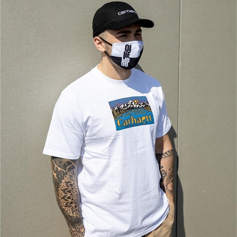 CARHHARTT WIP 2024 แขนสั้น Snow Mountain Letter พิมพ์ฤดูร้อนแฟชั่นแบรนด์ผู้ชาย All-Match Casual รอบค