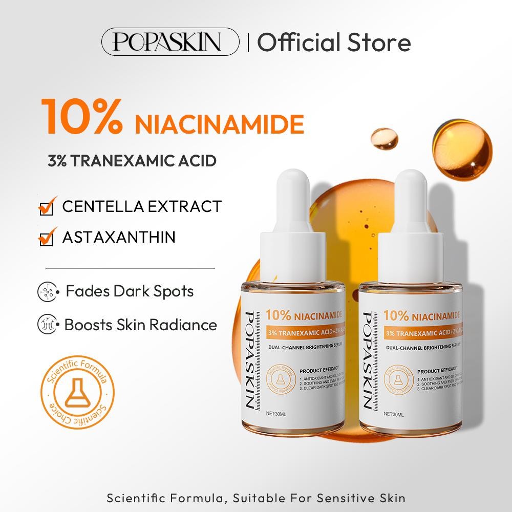 【เข้มข้น】POPASKIN 10% Niacinamide + 3% Tranexamic Acid Brightening&Glowing Serum 30ml*2
