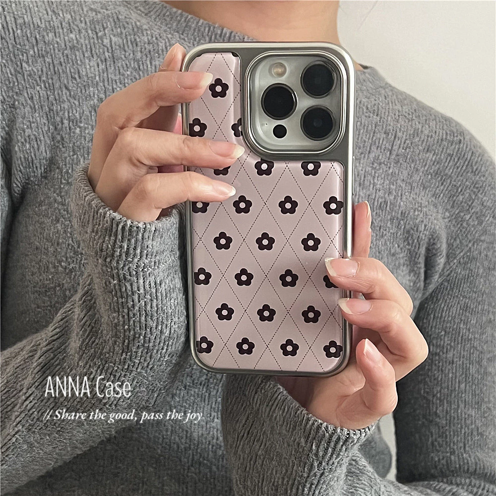 สีชมพูเพชรลายสก๊อตสีดําดอกไม้เคสโทรศัพท์ Anti-Fall สําหรับ iPhone 16 Promax 15 Promax 11 12 13 14plus 15plus 16e 16plus 16pro 15pro