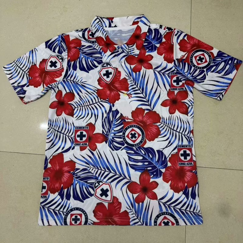 24-25 Blue Cross Floral Polo Shirt Jersey S-XXL Mens Soccer Short Sleeve Shirt Quick Dry Sports Soccer Top AAA