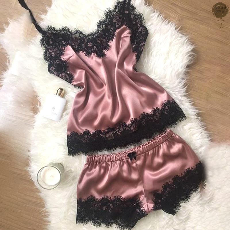 [GR] ชุดนอนสตรีแขนกุดชุดนอนสายรัดลูกไม้ Trim Sa Cami Top Pajama Set TH