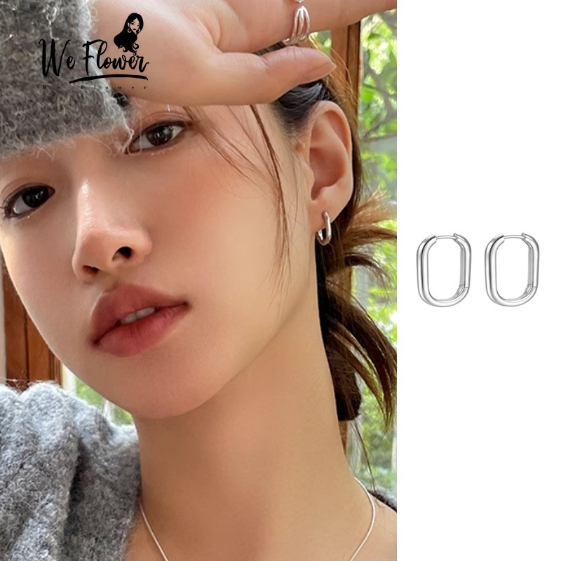 We Flower Minimalism S925 Silver Glossy สี่เหลี่ยมผืนผ้า Hoop ต่างหูสําหรับผู้หญิงผู้ชายทุกวันสวมใส่ Pick ฟรีหูเครื่องประดับอุปกรณ์เสริม