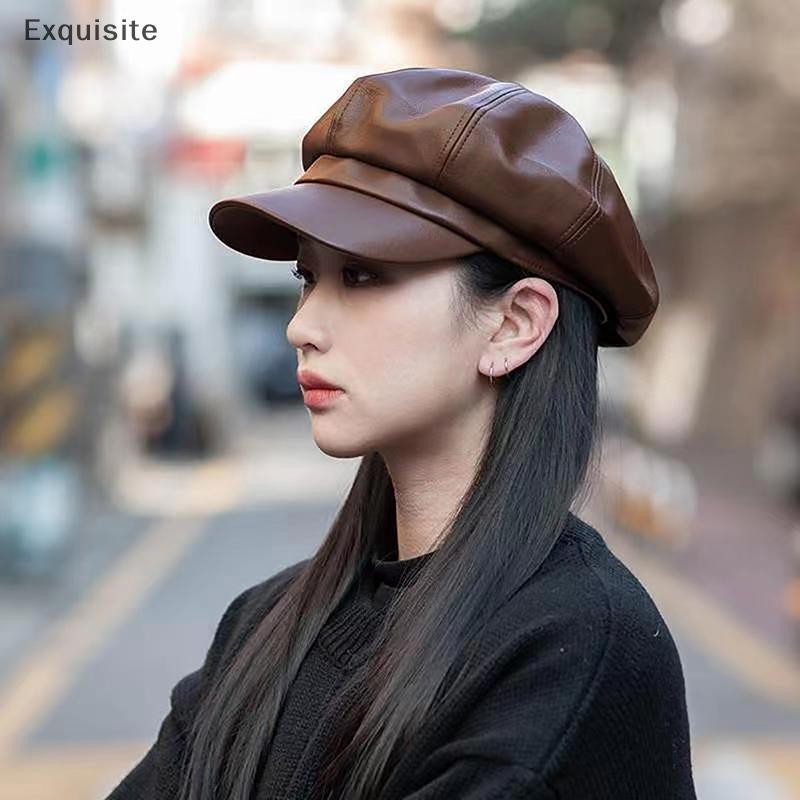 [ประณีต] ผู้หญิงแฟชั่น Beret Solid Beret หมวกหนัง Pu Beret ศิลปินฝรั่งเศสหมวกอบอุ่นหญิงสุภาพสตรีหมวกสาวหมวก [th]