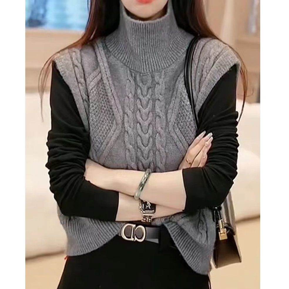 เสื้อสวมหัวสีทึบแขนกุดถักเสื้อกั๊กผู้หญิงฤดูใบไม้ร่วงฤดูหนาวรูปแบบใหม่ ผอมลง ดูพร็อพ สว