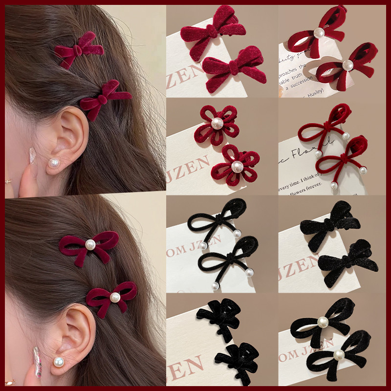 ปีใหม่กํามะหยี่สีแดงโบว์กิ๊บติดผมขนาดเล็กผู้หญิงหน้าผากคลิปด้านข้าง