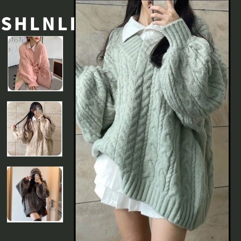 ฤดูใบไม้ร่วงฤดูหนาวของผู้หญิงเกาหลีรุ่นหนาคอวีหลวมสบายๆถักเสื้อกันหนาว