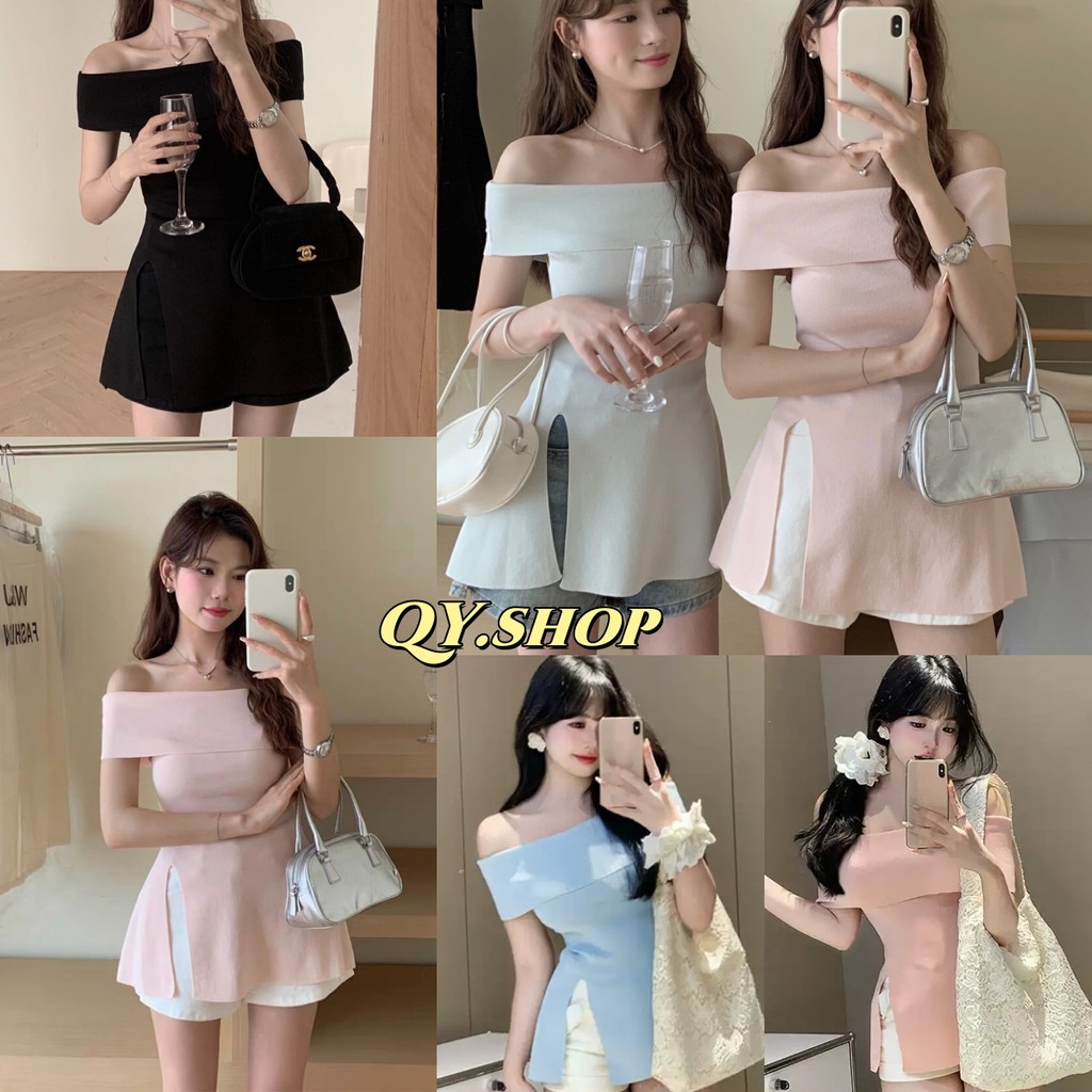 QY.Shop พร้อมส่ง เสื้อไหมพรมเปิดไหล่ แขนสั้น ดีเทลปลายปล่อยแหวกข้างสไตล์เกาหลี "792"