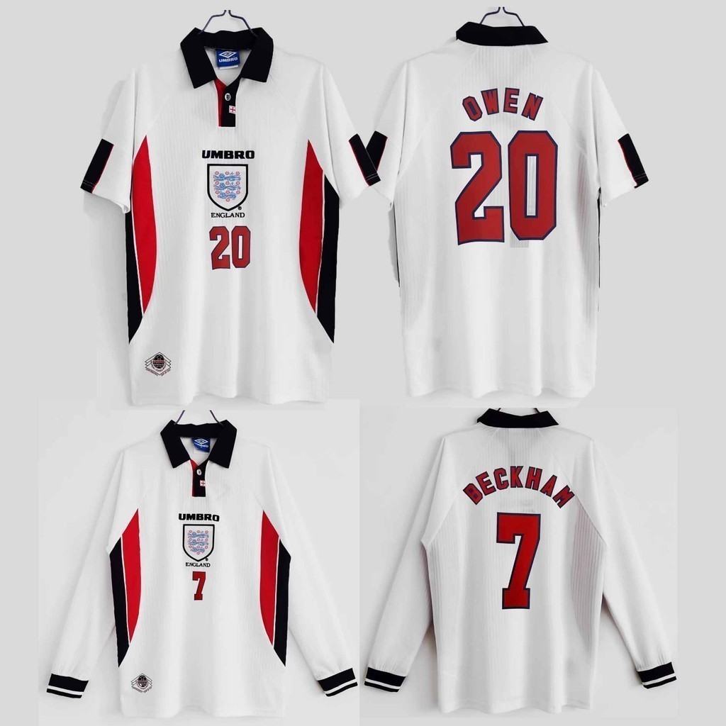 รูปแบบใหม่1998 England Beckham เสื้อฟุตบอลย้อนยุคเสื้อฟุตบอลเสื้ออังกฤษเสื้ออังกฤษBeckham Jerseys Eng 98 แขนยาว