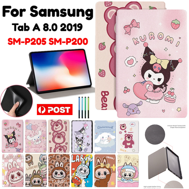 สําหรับ Samsung Galaxy Tab A 8.0 2019 ปากกา S SM-P205 SM-P200 น่ารัก Kuromi Labubu Zimomio รูปแบบการ์ตูนหนัง + TPU แฟชั่นขาตั้งแท็บเล็ตป้องกันกรณี