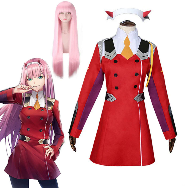 Zero Two Cosplay Costumes Anime DARLING In The FRANXX Zero Two 02 Dress Uniform Suits Headwear Wig W