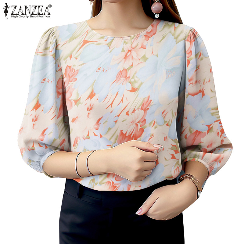 ZANZEA ใส่ ซานเซีย ผู้หญิงวินเทจลูกเรือคอโคมไฟสามในสี่แขนเสื้อดอกไม้พิมพ์เสื้อ