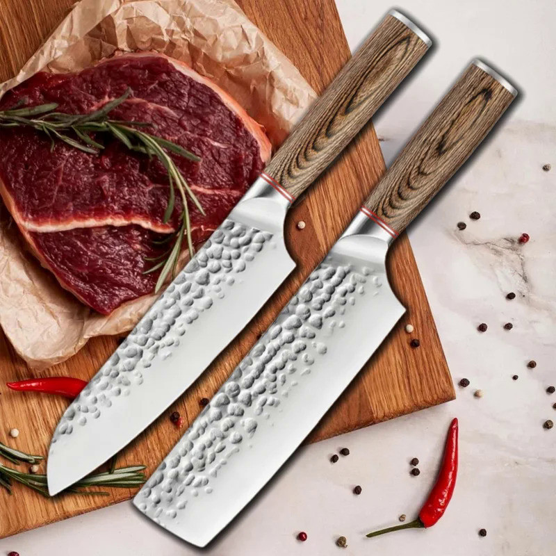 2PCS Kitchen Santoku Vegetable Knife Set High Carbon Stainless Steel Nakiri Knife 7inch Meat Cleaver