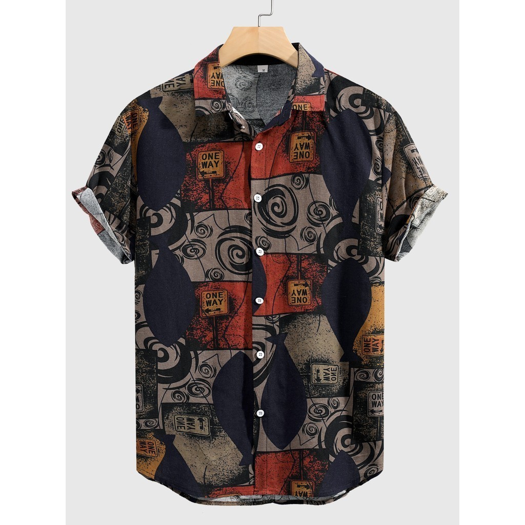 เสื้อเชิ้ตพิมพ์ลายเรขาคณิตผ้าฝ้ายผสมทรงหลวมสําหรับผู้ชายเสื้อเชิ้ตแขนสั้นกระดุมระบายอากาศแบบลําลองเหมาะกับกิจกรรมกลางแจ้งในฤดูร