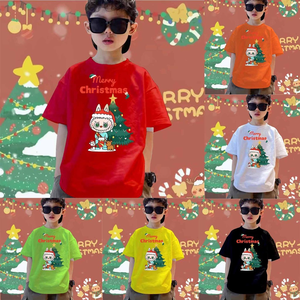 (จัดส่งตลอด 24 ชั่วโมง) เสื้อยืดเด็กคริสต์มาส Labubu เสื้อยืดเด็กพิมพ์ลายคริสต์มาส Labubu น่ารัก แท้ผ้าฝ้าย T69