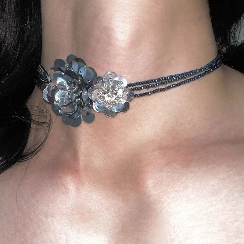 Water Rose/Original Design Handmade Blue Silver Beaded Flower Necklace สร้อยคอ Choker Niche Clavicle Chain