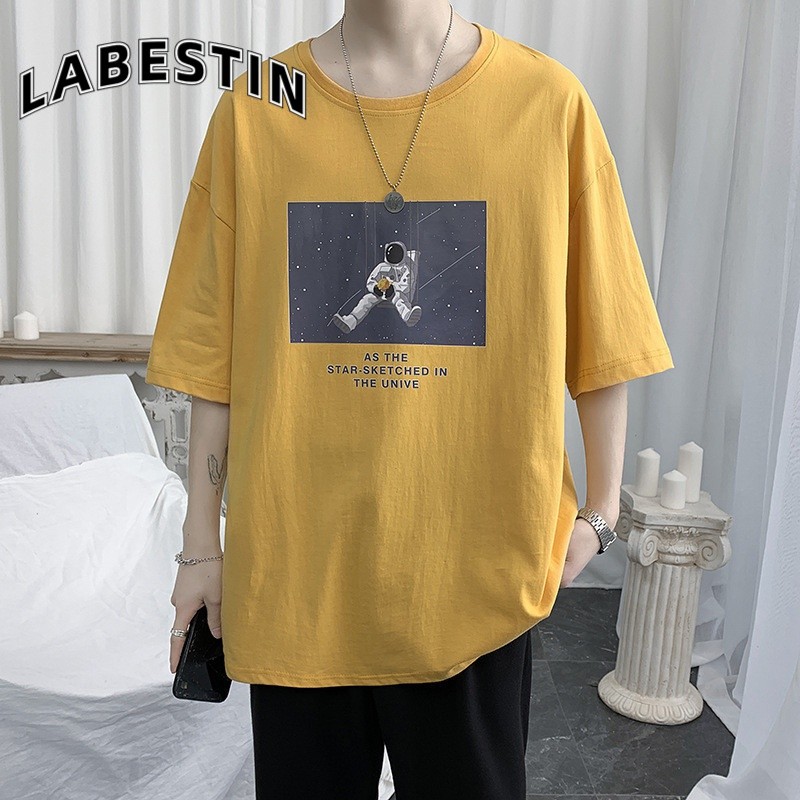 LABESTINผู้ชายใหม่แฟชั่นหลวมและเรียบง่ายพิมพ์เสื้อยืด