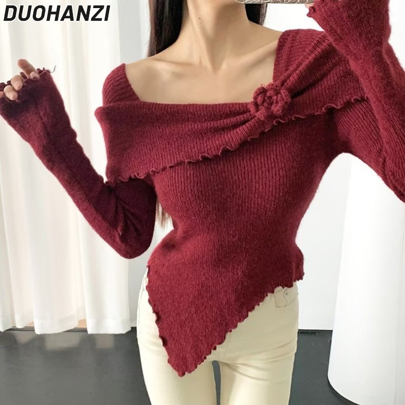 Duohianzi เสื้อถักผู้หญิง Ankora ดอกไม้สีแดงหนึ่งไหล่เสื้อถักแขนยาว Slim Fit อเนกประสงค์เสื้อถักด้านบน