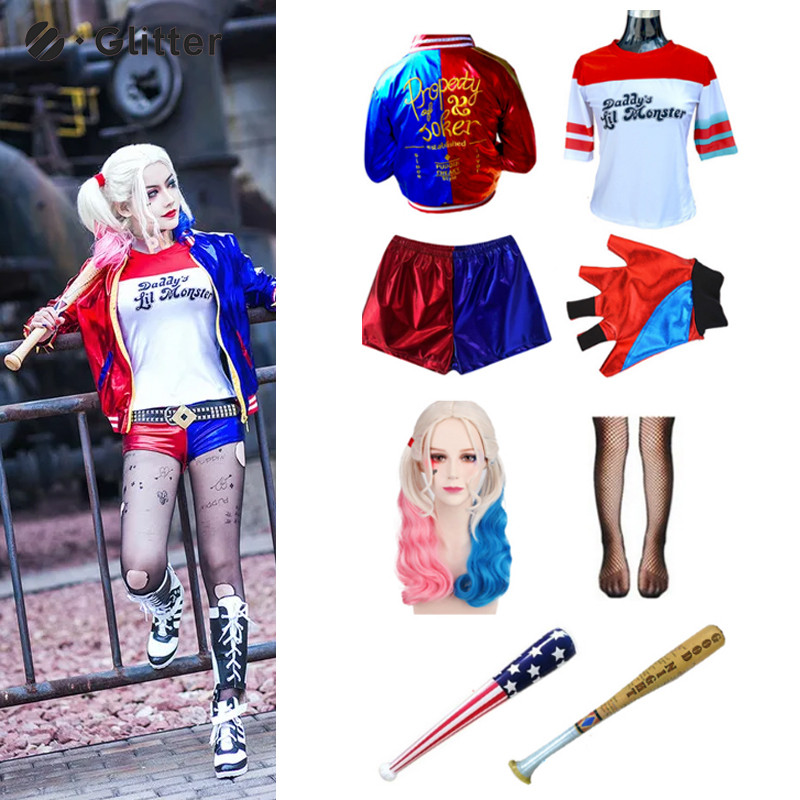 ทีมฆ่าตัวตาย Harley Quinn เครื่องแต่งกายสําหรับผู้หญิง Daddys Lil Monster สั้นเสื้อยืดกางเกงขาสั้นเสื้อสําหรับผู้ใหญ่ผู้หญิงถุงน่องค้างคาวเสื้อยืดใหญ่แจ็คเก็ตถุงมือชุด