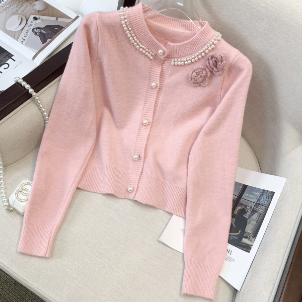 สไตล์เกาหลีใหม่รอบคอลูกปัดถักคาร์ดิแกนสำหรับผู้หญิงบางเสื้อแขนยาว