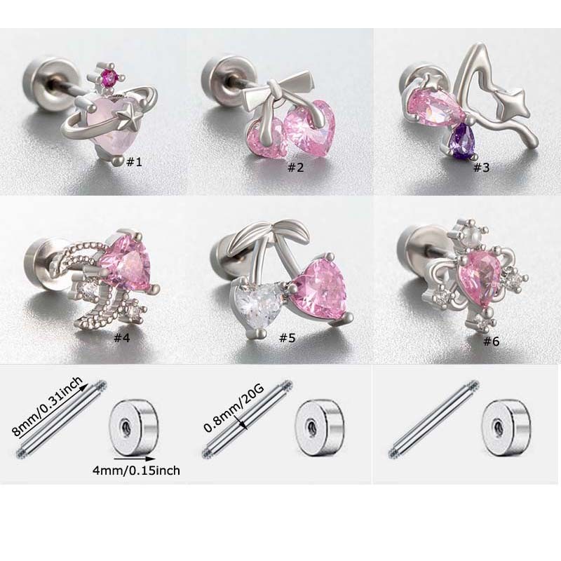 1 ชิ้น Cherry Heart Shape สีชมพูเพทายกระดูกอ่อนต่างหู Stud 20Gauge Helix Lobe Pinna เจาะ