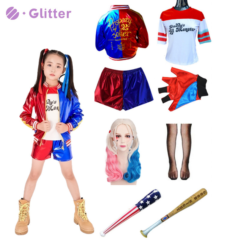 ทีมฆ่าตัวตาย Harley Quinn เครื่องแต่งกายสําหรับเด็กสาว Monster Joker เสื้อยืดกางเกงขาสั้นแจ็คเก็ตวิกผม Terno สําหรับ Halloween Carnival Party เครื่องแต่งกายอุปกรณ์เสริม