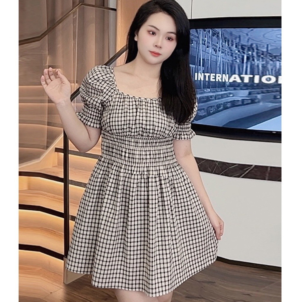 【ใหม่】M-3XL เดรสลายตารางวินเทจ สไตล์ฝรั่งเศส ใส่แล้วดูผอม เหมาะสำหรับสาวอวบและไซส์ใหญ่ ให้ดูผอมเพรียว เดรสสั้น