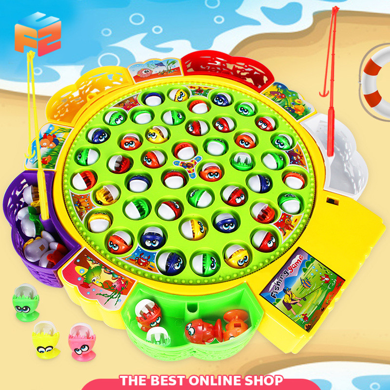 F2C เกมส์ตกปลา มีเสียงเพลง หมุนได้ ชุดเกมส์ตกปลาพร้อมเบ็ด ของเล่นตกปลา