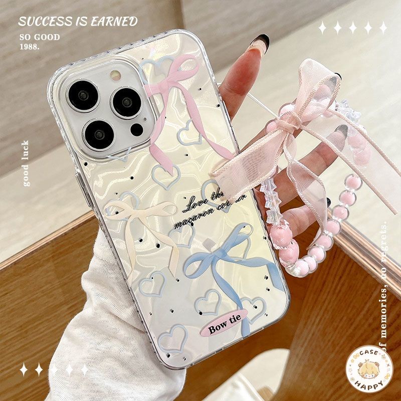 INS ผูกโบว์สวยสร้อยข้อมือรักหัวใจ สำหรับ เคสiPhone 16 15 13 11 14 12 Pro Max 7Plus 8 14 7 16 15 Plus XS X XR Max SE 2022