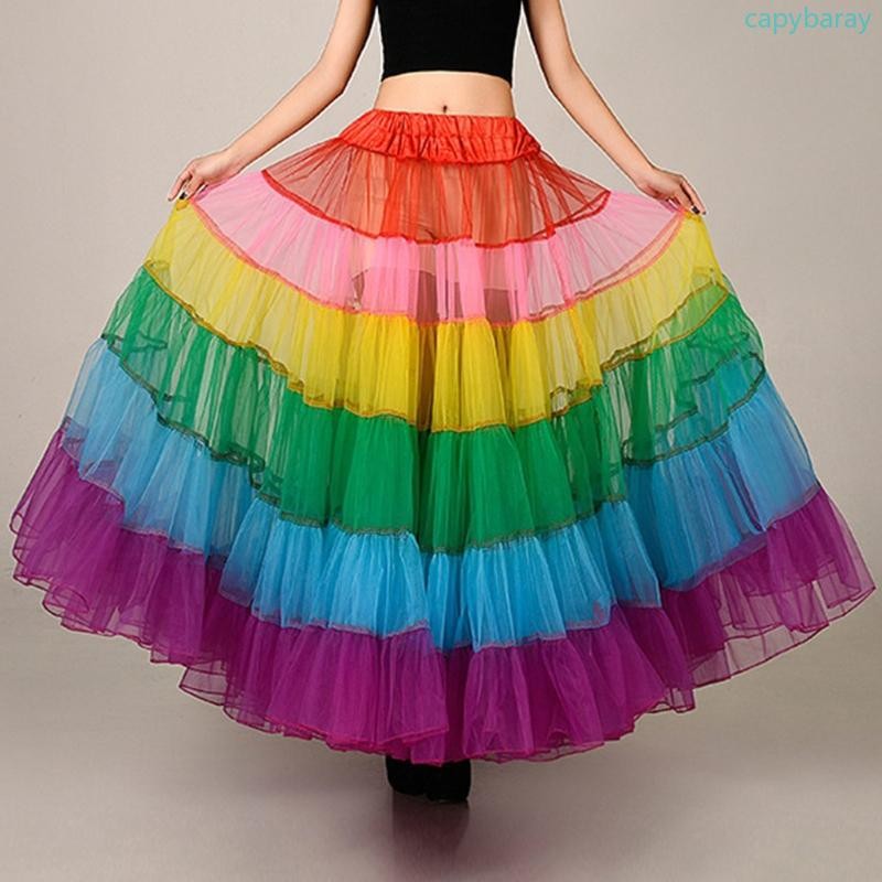 Cpy ผู้หญิงหลากสี Rainbow A-Line Maxi Tutu กระโปรงจีบ Ruffle ความยาวชั้น Petticoat Hoopless งานแต่งงานเจ้าสาวตาข่าย