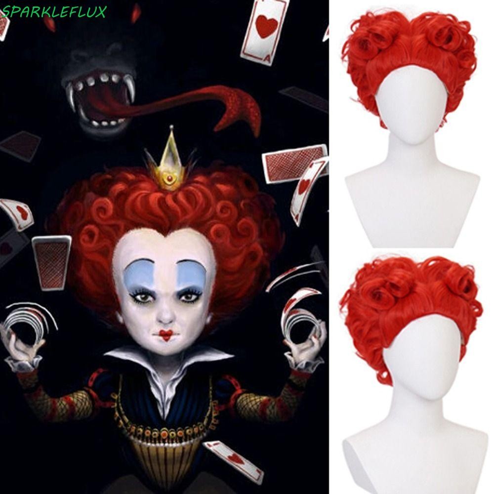Sparklefx วิกผมคอสเพลย์ Red Queen, Curly Fluffy Queen of Hearts วิกผม, ภาพยนตร์สังเคราะห์บทบาทเล่นฮาโลวีน Alices Adventures in Wonderland คอสเพลย์ปาร์ตี้
