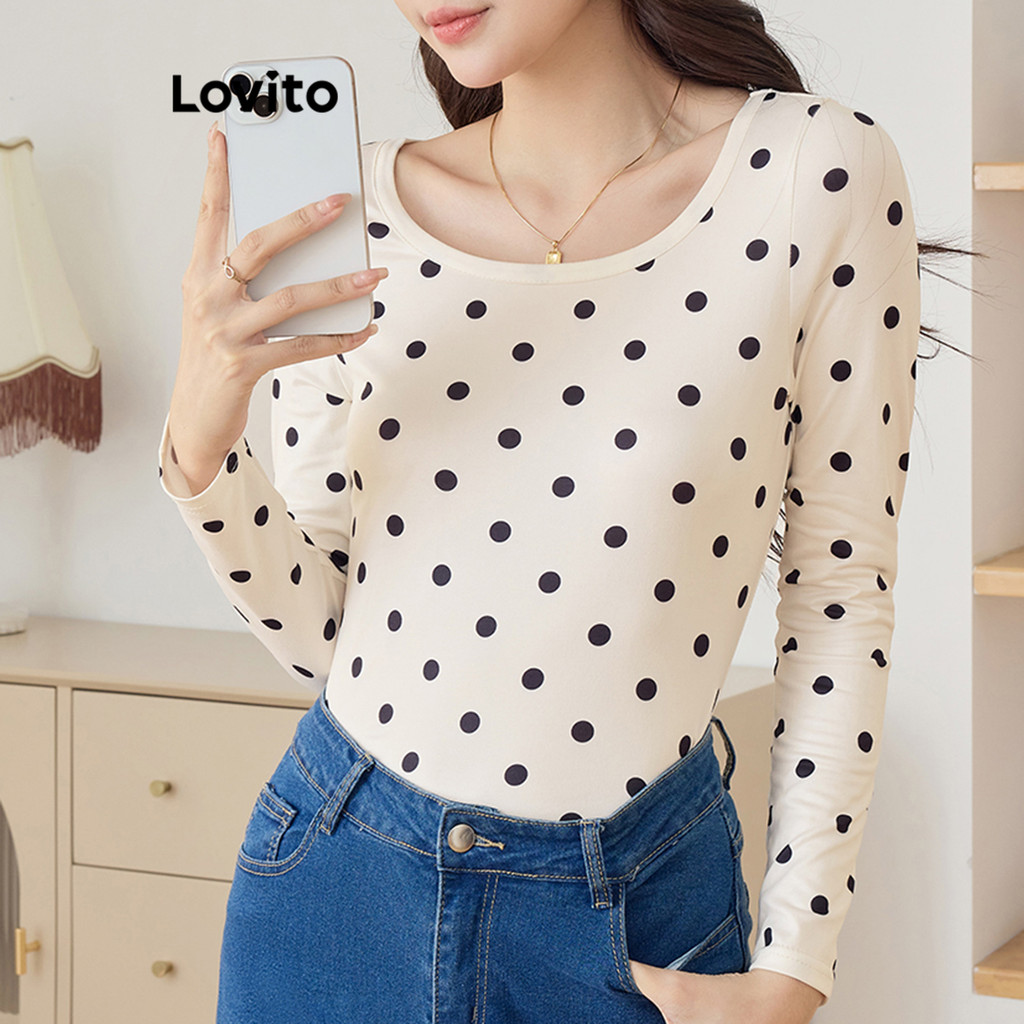 Lovito เสื้อยืดลายจุดสีบล็อกลำลองสำหรับผู้หญิง L108ED787
