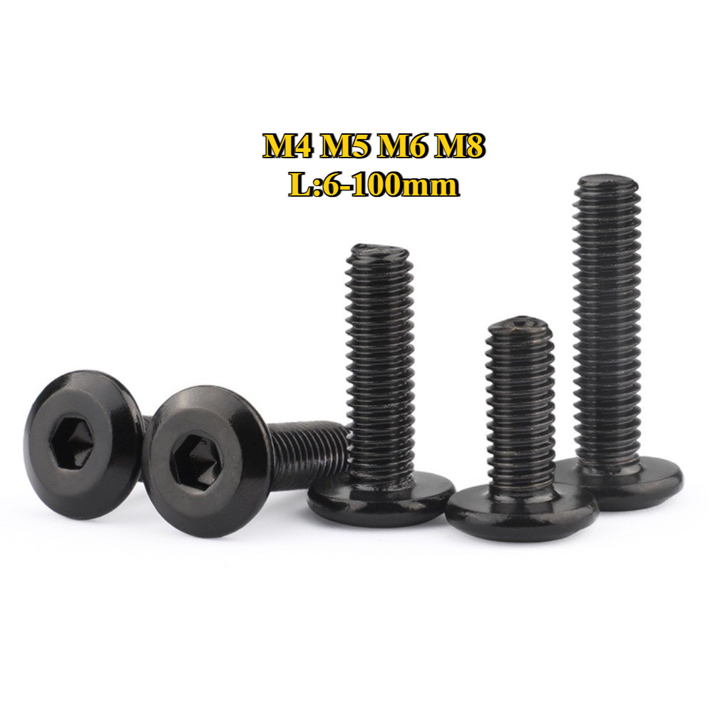 สีดำ 304 หัวจมแบน หยาบ สกรู น็อต  เกลียวมิล M4/M5/M6/M8 Round Flat Hex Socket Machine Screw