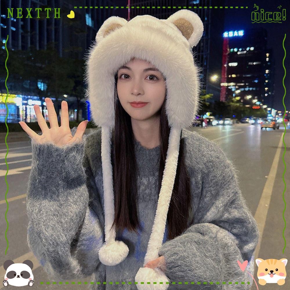 ต่อไป หมวกฤดูหนาว,ทําด้วยผ้าขนสัตว์หูหมีน่ารักหมวกกันลม,เย็นหลักฐานหูป้องกันกํามะหยี่ซับหมวกขี่จักรยานผู้หญิง