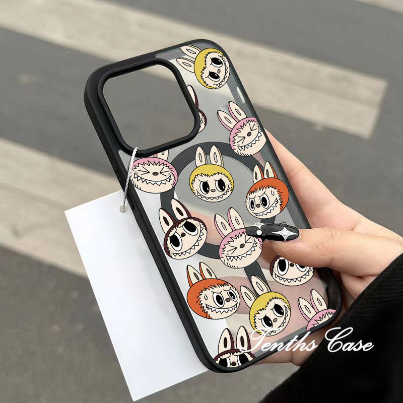 ใช้งานร่วมกับสําหรับ iPhone 16 11 15 14 13 12 Pro Max X XR Xs Max Happy Smile Labubu คุณภาพสูงโปร่งใส Protector แม่เหล็กไร้สายชาร์จเคสโทรศัพท์นุ่ม