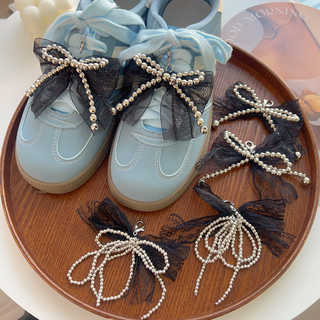 Romance Lace Pearls Bead String Bowknot Shoelaces Decor Buckle - DIY Sweet Pearl Bow จี้หัวเข็มขัดรองเท้าอุปกรณ์เสริม