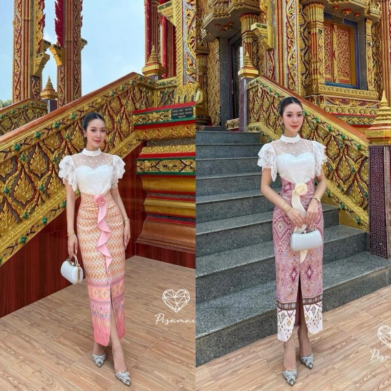 (พร้อมส่ง) pisamai24 25 เซ็ตผ้าไทยเสื้อซีทรูลูกไม้ฉลุปักเลื่อม มาคู่กับผ้าถุงลายไทยผ่าหน้า พร้อมเข็มกลัดดอกไม้