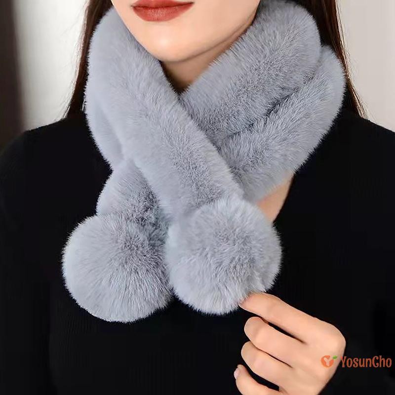 Yosunchoker] Faux กระต่ายขนสัตว์หวาน Plush Ball สาว Lolita Neckerchief Furry ผ้าพันคอห่อฤดูหนาวคออุ่นหนา Plush Unisex ผ้าพันคอห่อใหม่