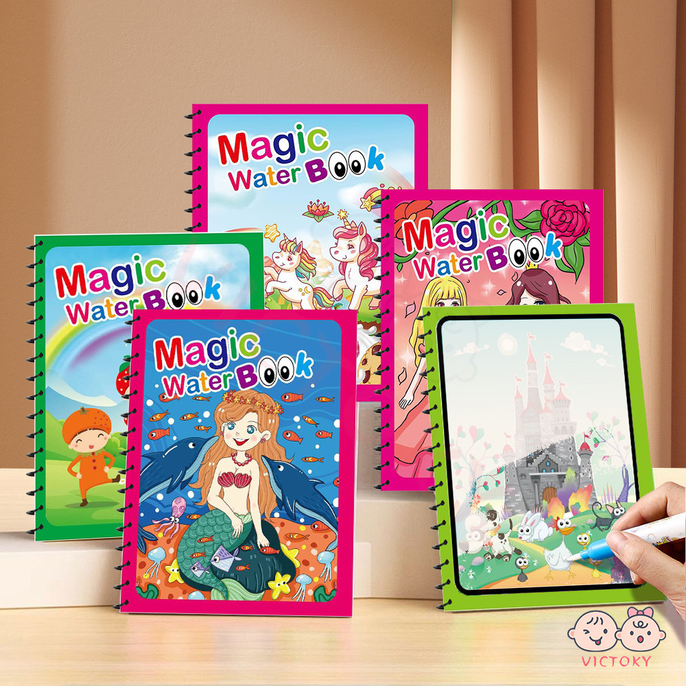 VICTOKY สมุดระบายสี หนังสือเด็ก ระบายซ้ำได้ Water book ใช้ซ้ำๆๆได้ coloring book 10ธีม ส่งเสริมการจดจำสี