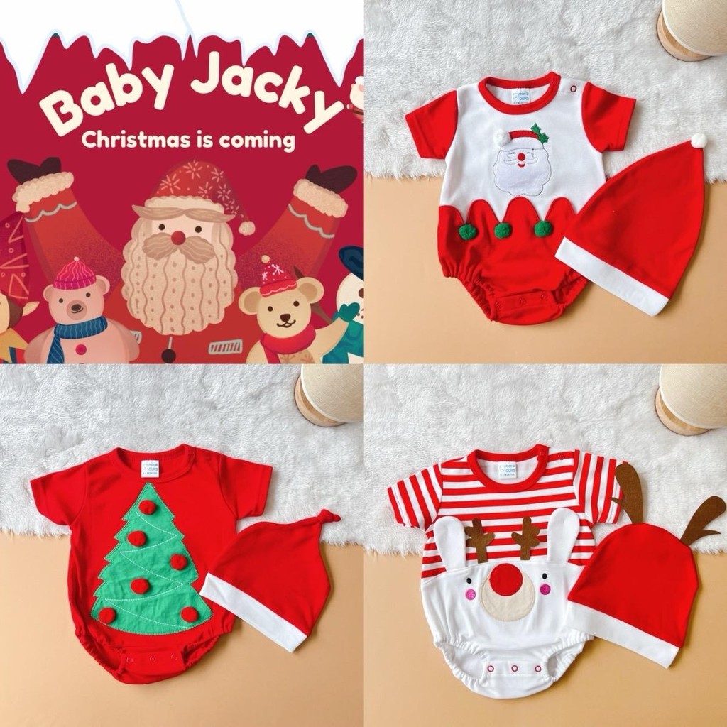 (งานไทย) BabyJacky บอดี้สูทคริสต์มาสพร้อมหมวก 1ชุด ผ้าคอตตอน เด็กผู้หญิง เด็กผู้ชาย น่ารัก เด็กแรกเกิด Cotton