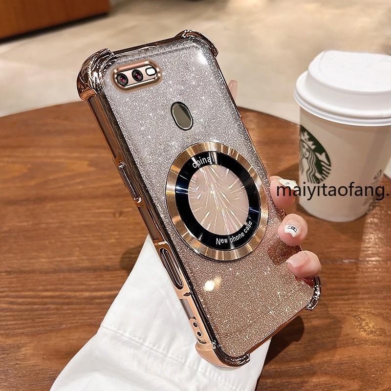 New สีcase สําหรับ OPPO A5S A12 A7 F9 ประกายสีชมพูสี่มุม Anti Drop เคสโทรศัพท์ความงามแม่เหล็กกันกระแทกซิลิโคน TPU Soft case