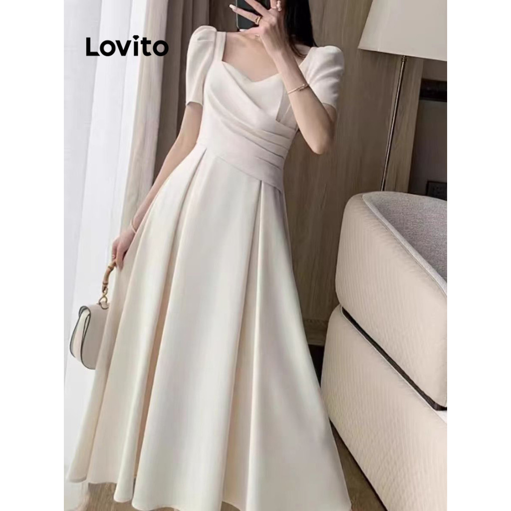 Lovito ชุดเดรสผู้หญิง แต่งจีบ สีพื้น สไตล์หรูหรา LNE65315