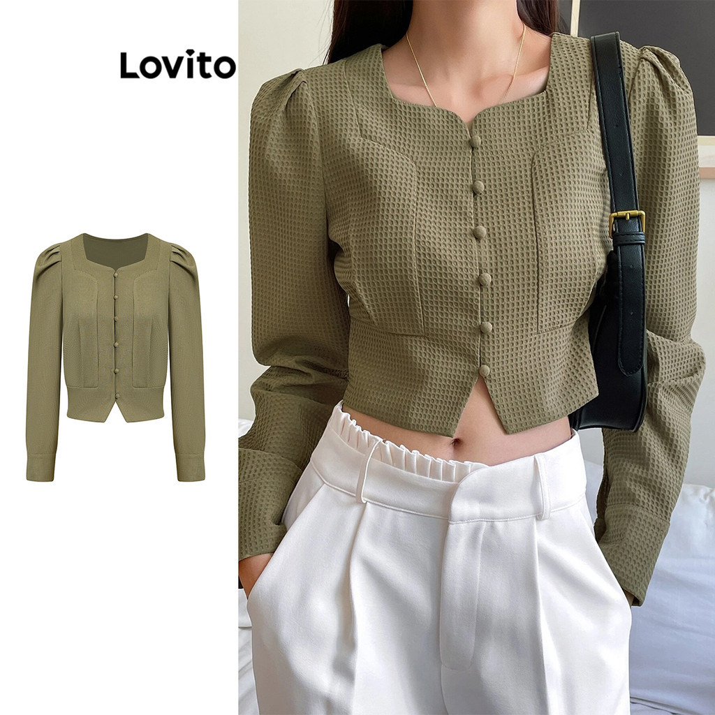 Lovito เสื้อโค้ทด้านหน้าปุ่มธรรมดาแบบสบาย ๆ สำหรับผู้หญิง L105MD655